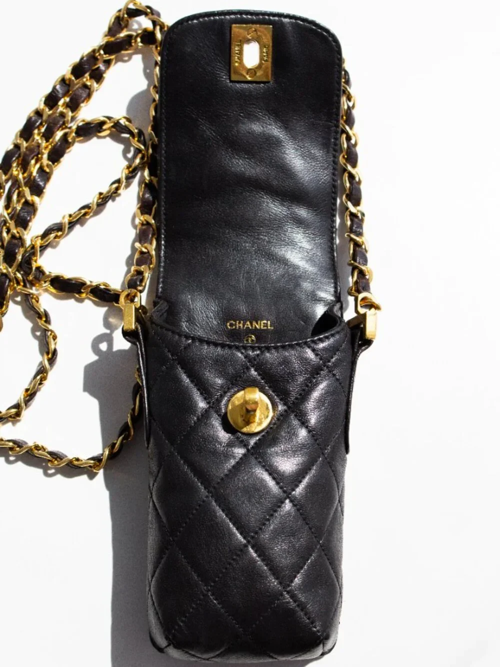 Chanel Vintage 1996 Black Lambskin Leather 24K Gold CC Turnlock 90s Phone Holder